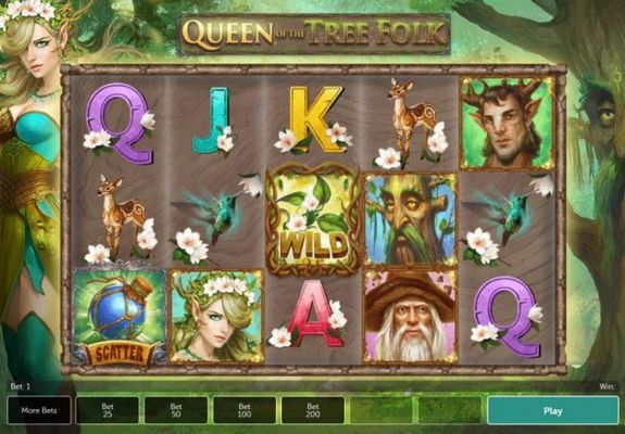 A fairy tale themed main game board featuring five reels and 243 winning combinations with a $120,000 max payout