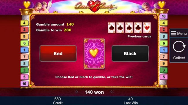 Gamble feature game board is available after every winning spin. For a chance to increase your winnings, select the correct color on the next card or take win.