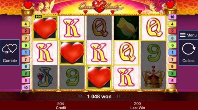 Three red heart wilds trigger multiple winning bet lines leading to a 1048 coin big win!