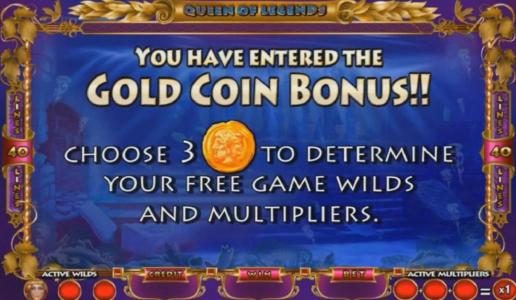 Entering the Gold Coin Bonus, Choose 3 gold coins to determine your free game wilds and multipliers.