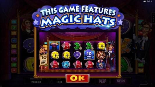 This game features magic hats that appear across the top of the gameboard. When a wild symbols lands on a reel with a magic hat above the reel a prize is awarded.