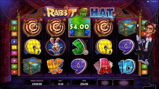 A Magic Hats prize award and a four of a kind triggers a $254 big win!