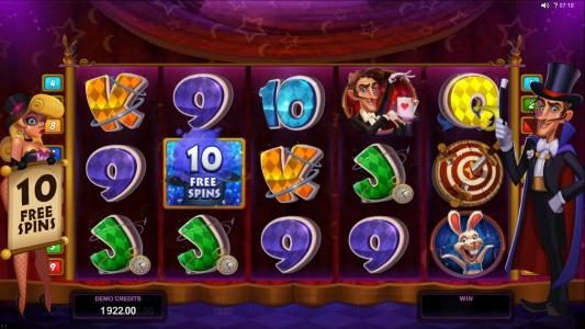 Ten free spins awarded by the Magic Hats Feature