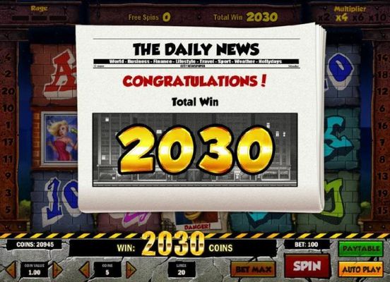 The free spins feature pays out a total of 2,030 coins for a big win.
