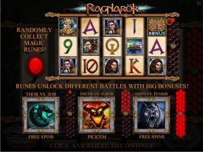 Randomly collect magic runes. Runes unlock different battles with big bonuses! Free Spins and Pick Em