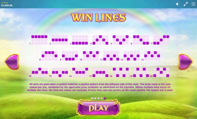 Payline Diagrams 1-20. All wins are paid when a symbol matches a payline pattern from the leftmost side of the reels.