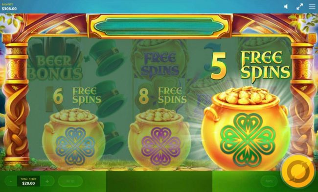 Player is awarded 5 free spins based upon the Pot of gold selected.