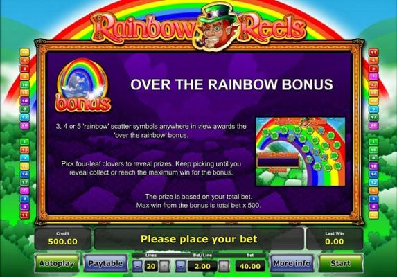 3, 4 or 5 Raindow scatter symbols anywhere in view awards the Over the Rainbow Bonus.