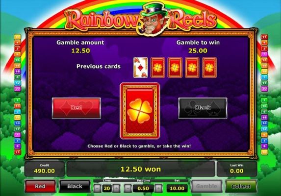 Gamble feature game board is available after every winning spin. For a chance to increase your winnings, select the correct color of the next card or take win.