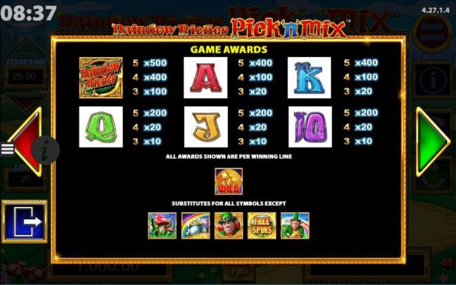 Slot game symbols paytable