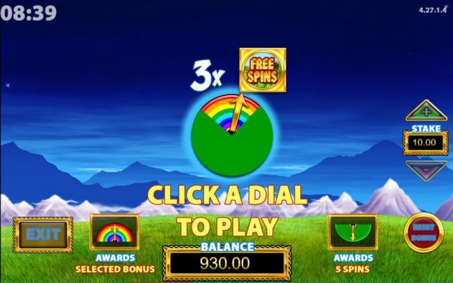 Landing in the rainbow area awards the slected bonus and landing in the green area awards 5 spins.