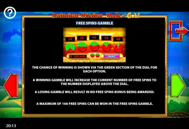Free Spins Gamble Rules - The chance winning is shown via the green section of the dial for each option.