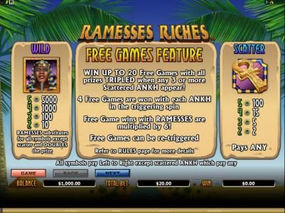 wild and scatter paytable. free games feature rules