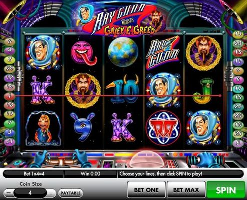 An outerspace themed main game board featuring five reels and 9 paylines with a $4,000 max payout