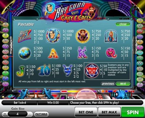 Slot game symbols paytable featuring outerspace themed icons.