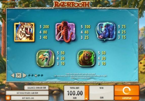 High value slot game symbols paytable - symbols include a Sabertooth Tiger, a Woolly Mammoth, a Woolly Rhino, a Phorusrhacos and a brown bear.