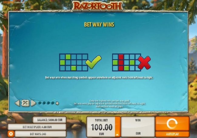 Bet Way Wins Diagram - Bet ways win when matching symbols appear anywhere on adjacent reels from leftmost to right.