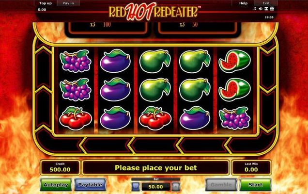 A fruit themed main game board featuring five reels and 10 paylines with a $50,000 max payout
