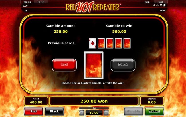 Gamble Feature - To gamble any win press Gamble then select Red or Black.