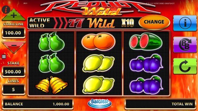 A fruit themed main game board featuring three reels and 5 paylines with a $500,000 max payout