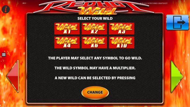 The player may select any symbol to go wild. The wild symbol may have a multiplier. A new wild can be selected by pressing change.
