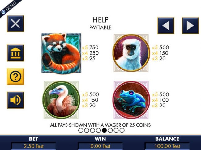 High value slot game symbols paytable featuring four different animals.