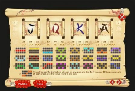 Slot game symbols paytable and payline diagrams