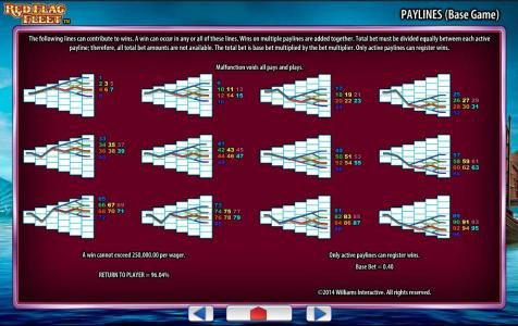 Payline Diagrams - page 1 - A win cannot exceed 250,000.00 per wager. Return to Player = 96.04%. Only active paylines can register wins.