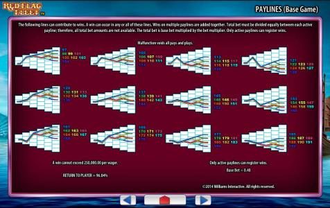 Payline Diagrams - page 2 - A win cannot exceed 250,000.00 per wager. Return to Player = 96.04%. Only active paylines can register wins.