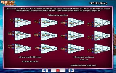 Payline Diagrams - page 3 - A win cannot exceed 250,000.00 per wager. Return to Player = 96.04%. Only active paylines can register wins.