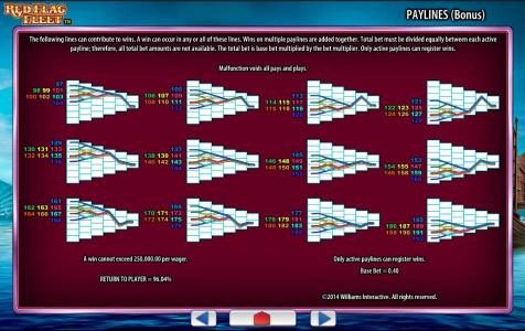 Payline Diagrams - page 4 - A win cannot exceed 250,000.00 per wager. Return to Player = 96.04%. Only active paylines can register wins.