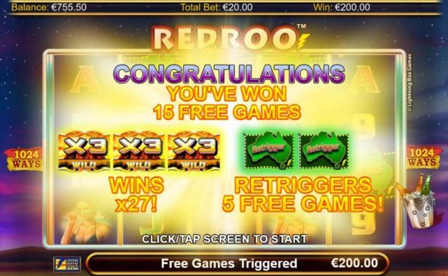 15 free games awarded, wild multipliers and free games can be re-triggered with 2 scatter symbols appearing.