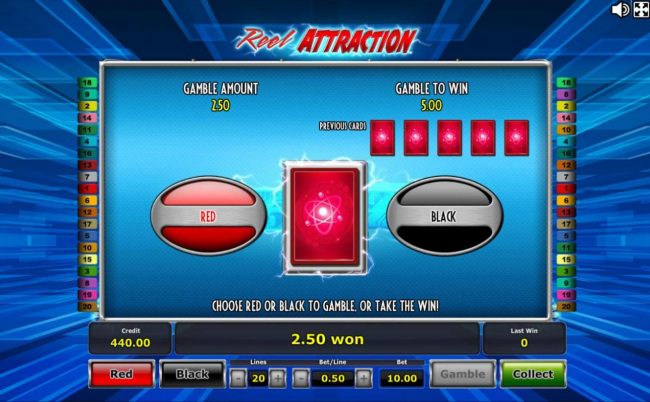 Gamble Feature - To gamble any win press Gamble then select Red or Black.