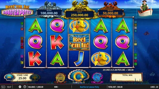 Main game board featuring five reels and 20 paylines with a $250,000 max payout.