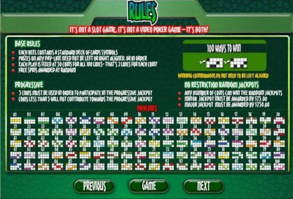 General Game Rules, Progressive Jackpot Rules and Payline Diagrams 1-100.