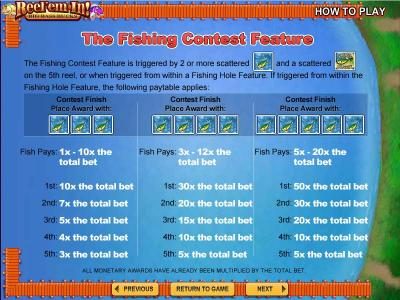 The Fishing Contest Feature paytable and rules continued.