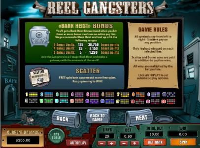 bank heist bonus feature, scatter and general game rules. Payline diagrams