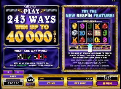 play 243 ways, win up to 40000 coins, new respin feature