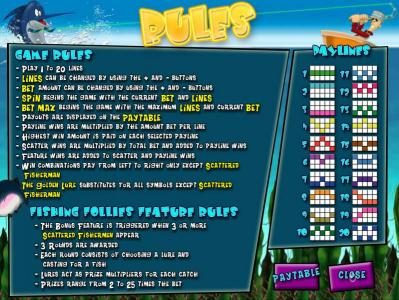 game rules, feature rules and payline diagrams