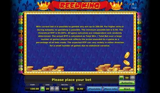 Reel King payback information