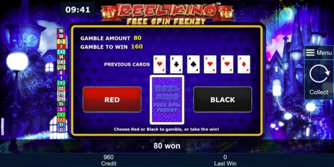 Gamble feature game board is available after every winning spin. For a chance to increase your winnings, select the correct color or suit of the next card or take win.