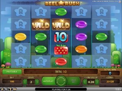 a pair of wilds triggers a ten coin jackpot leading to a re-spin with expanded reel psoitions
