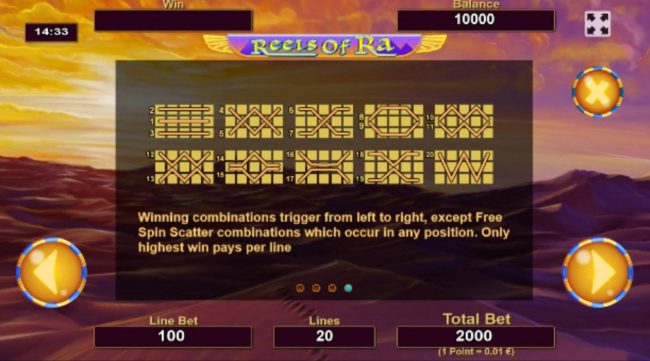 Payline Diagrams 1-20. Winning combinations trigger from left to right, except scatter combinations which occur in any position. Only highest win pays per line.