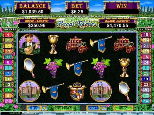 A royalty themed main game board featuring five reels and 25 paylines with a $250,000 max payout