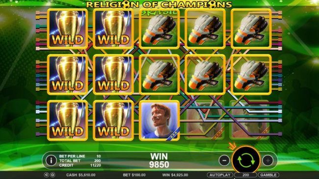 Stacked wilds on reels 1 and 2 lead to multiple winning paylines and a 9.850 coin mega win!