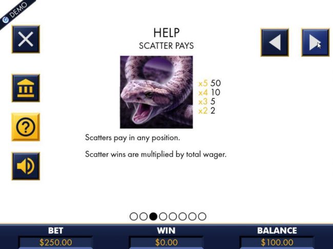 The Snake scatters pay in any position. Scatter wins are multiplied by the total wager.