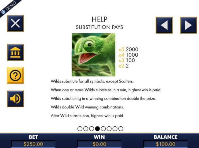 Chameleon lizard is the games wild symbol and substitutes for all symbols, except scatters. When one or more wilds substitute in a win, highest win is paid. A five of a kind pays 2000 coins.