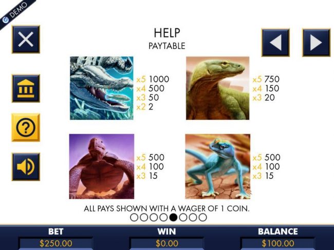 High value slot game symbols paytable featuring animal inspired icons.
