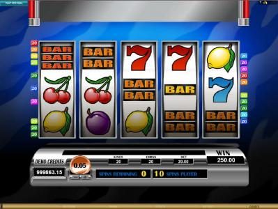 five BAR symbols triggers a 250 coin jackpot payout