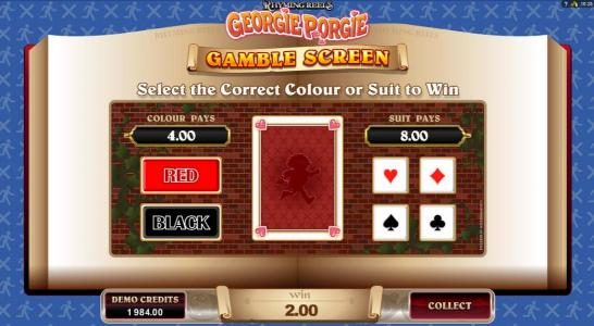 Gamble feature is available after each winning spin. Select color or suit to play.